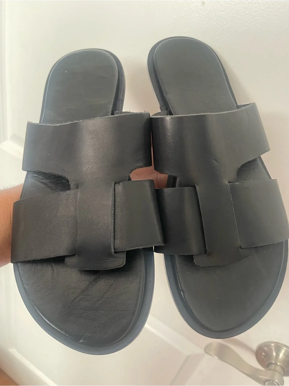 Brand New Men’s Black Leather Slide Sandals Sz 11